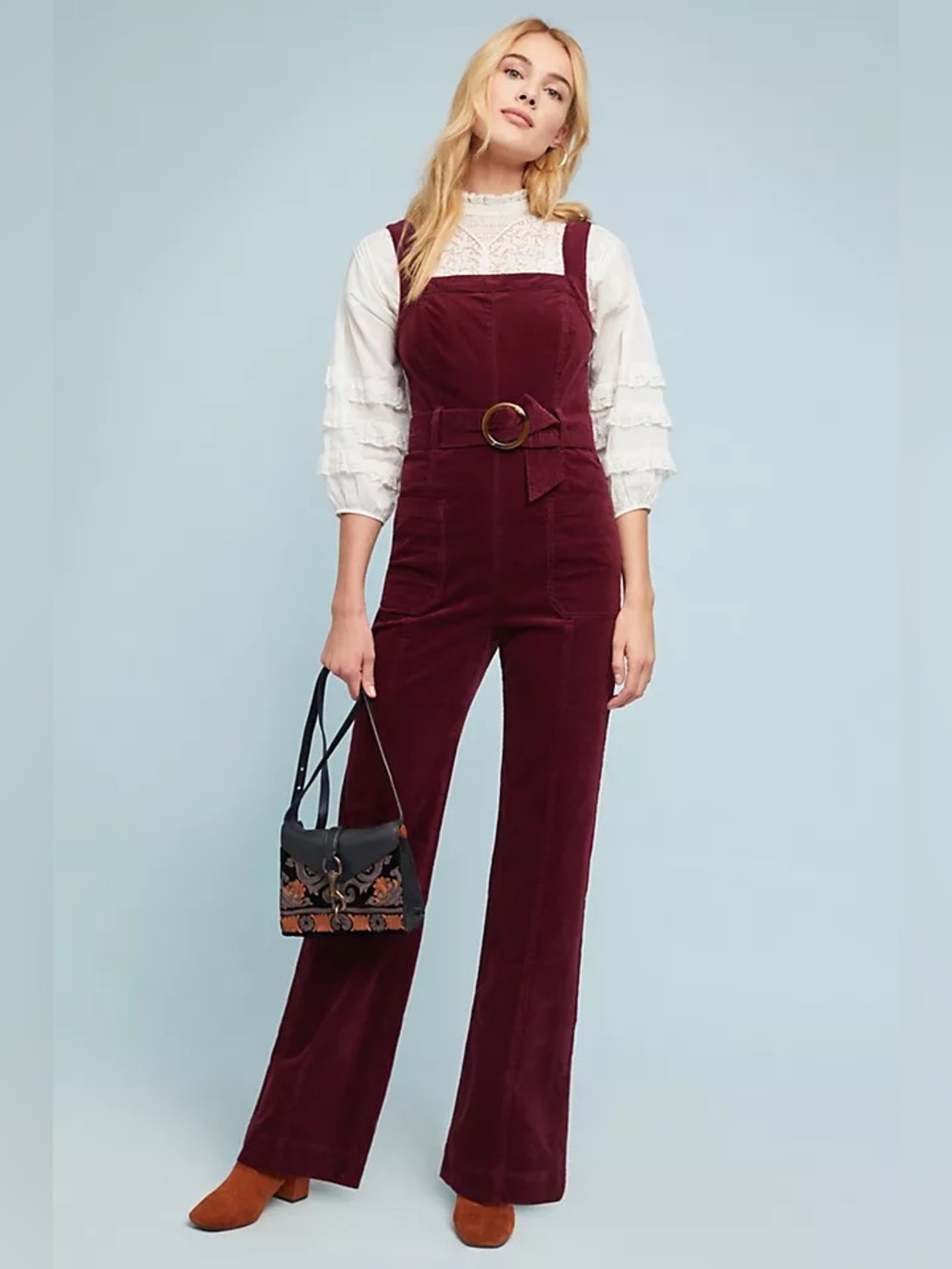PILCRO ANTHROPOLOGIE Burgundy Wine Red Corduroy Jumpsuit Bootcut Belt Size 6